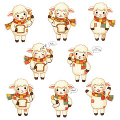 A charming collection of cartoon sheep, each adorned with a cozy scarf and unique expressions, conveying a sense of playful innocence and winter warmth.