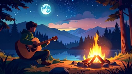 Man playing guitar by campfire night - Powered by Adobe