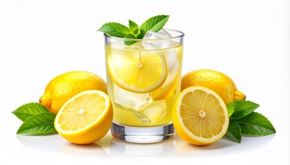 Cold glass of lemonade with ice cubes lemon slices refreshing citrus beverage summer drink isolated on white background
