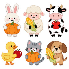 Obraz premium A charming collection of friendly farm animals each holds a autumn harvest, painted in a cute cartoon style.