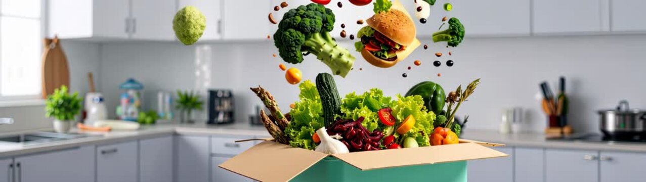 Fresh vegetables and hamburgers are flying and filling cardboard box in a modern kitchen, promoting healthy eating and food delivery.