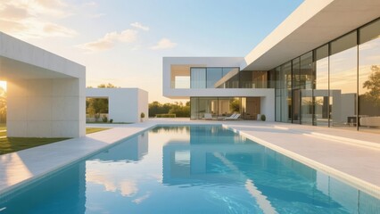 Fototapeta premium Modern Luxury Villa with Reflective Pool and Minimalist Architecture