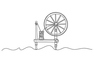 Simple line drawing of a traditional spinning wheel