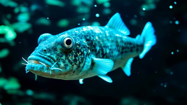 Blue spotted cod fish with whiskerlike barbels swimming glowing underwater ocean scene, pale blue cod barbel visible whisker