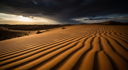 Naklejka premium Rippled Sand Dunes Under Stormy Sky desert ripples
