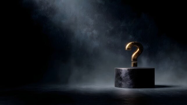 A gleaming golden question mark rests on a dark pedestal illuminated by a dramatic spotlight in a smoky mysterious setting