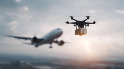 Advanced drone carrying a package flies near a blurred commercial airplane symbolizing futuristic air logistics and efficient global delivery