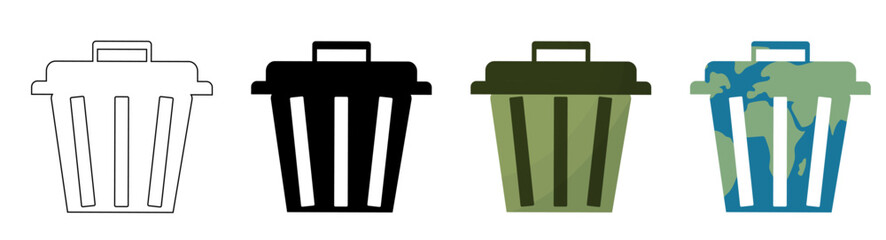 Four different style waste bins including outline, black, green, and earth-patterned containers. Waste bins abstract vector icons Set. Waste bins icon thin line illustration in four Different Style. 