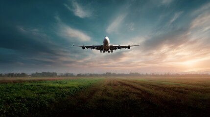 A majestic cargo airplane with landing gear extended flies low over expansive green and brown farmlands under a dramatic sky at sunrise or sunset