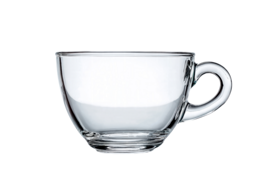 A clear glass cup is sitting on a table. The cup is empty and has a handle. Concept of emptiness and simplicity, as the cup is devoid of any contents