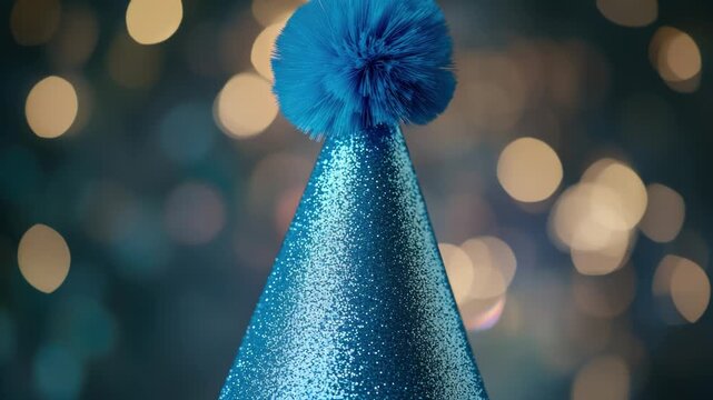 A bright blue party hat with a colorful pom pom on top, perfect for festive celebrations and fun events