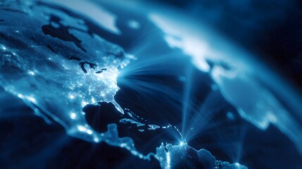 Bright blue glowing lines illustrate digital data flow and global network communication across North America the Caribbean and parts of South America