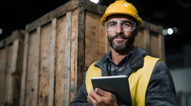 Professional warehouse worker wearing a yellow hard hat and safety glasses holding a digital tablet in an industrial storage facility focused on
