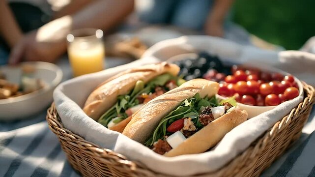 Grandparents prepare a picnic with their 8 year old grandkids in a meadow spreading blankets unpacking sandwiches and spotting butterflies fluttering around illustrated in a rel