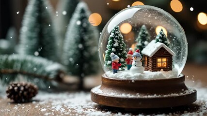 Miniature snow globe winter cabin scene with snowman, child figure, pine tree, miniature scene holiday decor cozy warm bokeh glow - Powered by Adobe