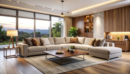 Contemporary modular sofa in warm neutral tones, arranged in an open-concept room with clean lines, subtle wood accents, and balanced ambient lighting.