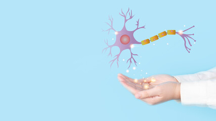 Neurologist studies and analyzes neuron structure hologram on blue background. Diagnosis and treatment of neurological disorders include MND, ALS, alzheimer disease and parkinson disease.