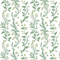 Watercolor Vertical Striped Botanical Wallpaper with Sage and Muted Green Leaves, Vines, and Small Flowers, Repeating Vintage Pattern
