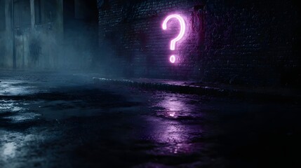A vibrant neon question mark sign glows brightly on a dark brick wall in a mysterious wet urban alleyway reflecting on the damp ground
