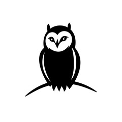 A flat silhouette style owl sitting on a branch in a tree, with big eyes and a cute, wise character design in a nature inspired illustration