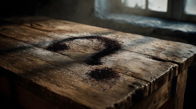A question mark drawn in fine particles on a rustic weathered wooden table illuminated by a soft window light conveying mystery and contemplation