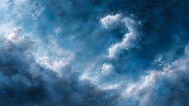 A captivating formation of white and gray clouds against a vibrant blue sky resembling a symbolic question mark evoking a sense of wonder and mystery