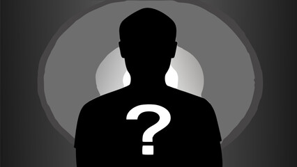 Silhouette of a person with a question mark on their back against a gray concentric background design