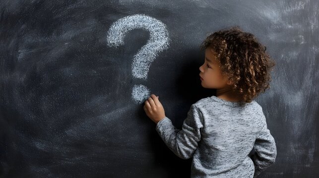 Young child with curly hair drawing a large question mark on a dark blackboard representing curiosity and the journey of learning