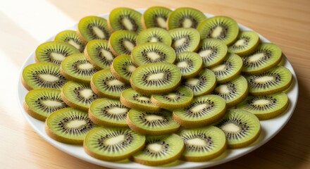 Fresh kiwi slices arranged beautifully on a white plate for healthy eating bliss