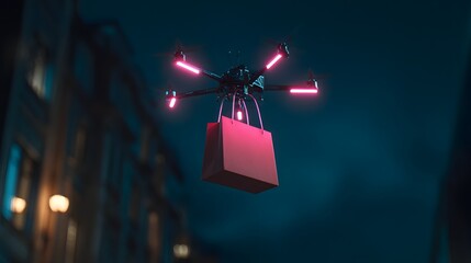 Modern delivery drone carrying glowing shopping bag