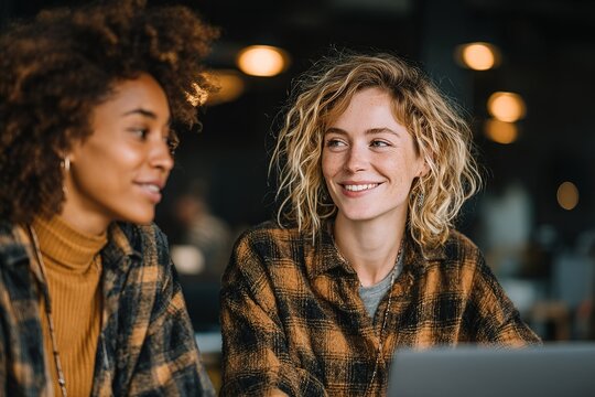 Two young women engage in a lively conversation while wearing matching plaid outfits in a modern workspace