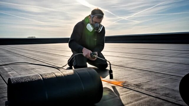 Video, 4K, Camera from the front, A worker is applying bitumen waterproofing membrane to a roof. 