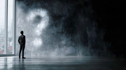 Businessman facing a glowing question mark on a dark wall symbolizing uncertainty and critical decision making in a modern office space