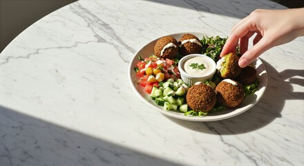 Sunlit arabic falafel table at party settings with marble surfaces and fresh green centered falafel balls