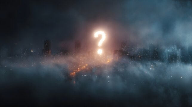 A bright glowing question mark hovers mysteriously above a dark fog covered city skyline at night symbolizing uncertainty and the unknown future - Powered by Adobe