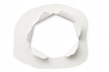 Paper hole ripping through white sheet, exposing transparent backdrop, symbolizing breakthrough with geometric breakthrough effect