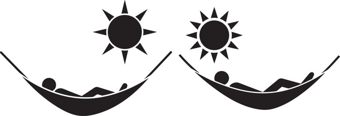 Two people relaxing in hammocks under the sun silhouette