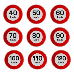 Set of 40-120 km road speed limit traffic sign. 