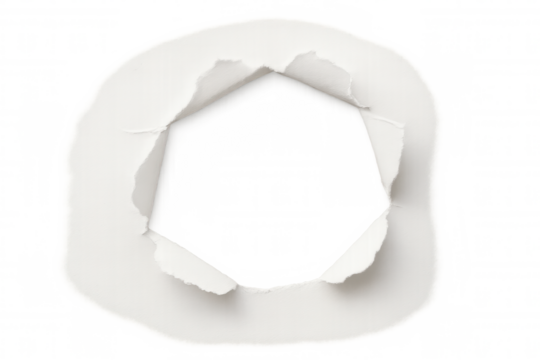 Paper hole ripping through white sheet, exposing transparent backdrop, symbolizing breakthrough with geometric breakthrough effect