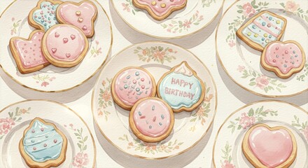 Softly illuminated birthday cookies on floral plates blend warm pastel tones with loose expressive brushwork and sweet decorative details