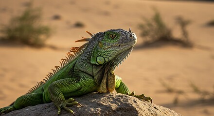a green iguana perched on a rock in a wide open desert space