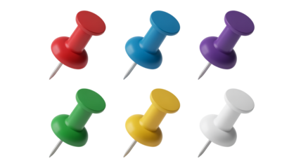A set of six colorful push pins arranged in two rows of three against isolated on a transparent background.