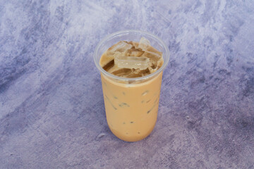 Closeup glass cups with coffee on grey table in cafe, restaurant. Aromatic morning coffee for breakfast. beverages concept.