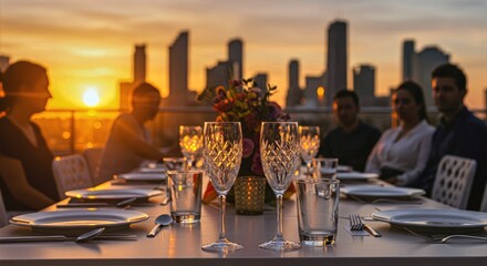 Warm sunset light dances across a birthday table with crystal glasses and floral centerpieces set amidst a softly blurred city skyline