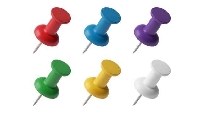 A set of six colorful push pins arranged in two rows of three against isolated on a transparent background.