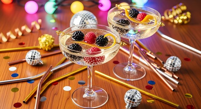 Two champagne coupes with berries and lemon party lights disco balls and straws on a wooden table with confetti