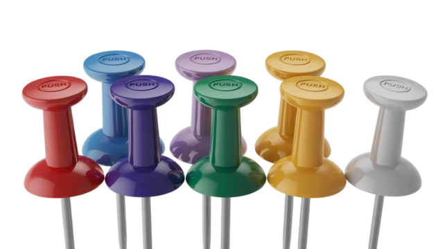 A set of six colorful push pins arranged in two rows of three against isolated on a transparent background.