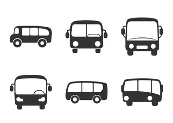 Collection of Various Bus Silhouettes in Black and White Graphic Illustration