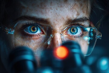 Close-up of a focused individual with blue eyes looking through a microscope in a dark laboratory setting