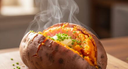 Hot sweet potato with butter and chives offers a healthy and flavorful meal